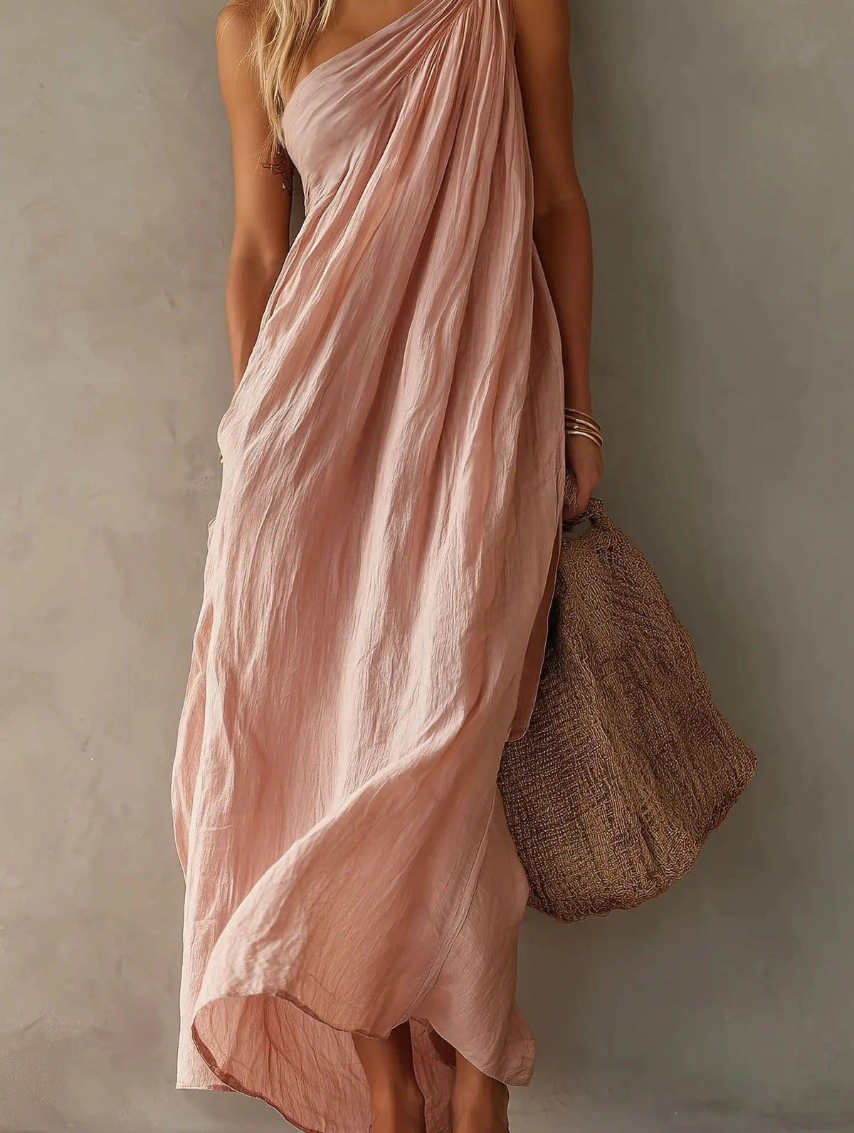 Aida Asymmetrical Maxi Dress with Linen Effect