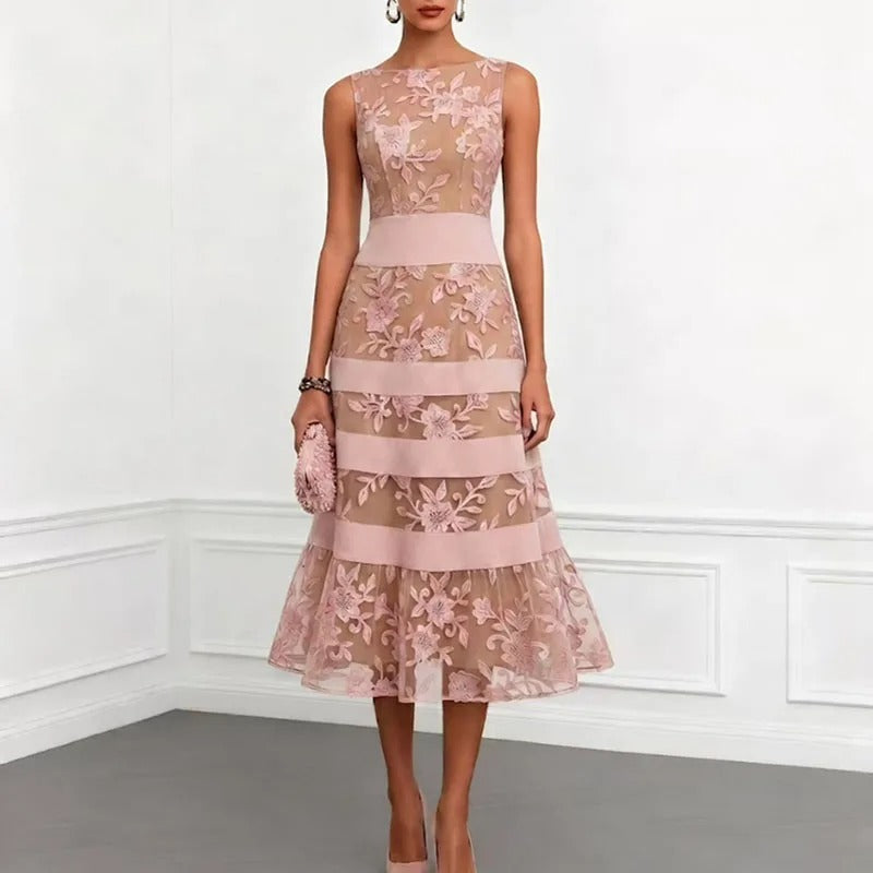 Odette Midi Dress with Floral Embroidered Tulle