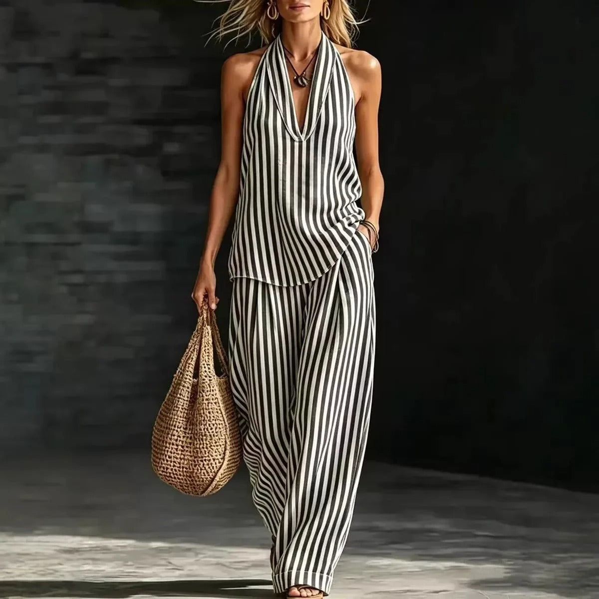 Sofía Set with Halter Top and Wide Striped Trousers