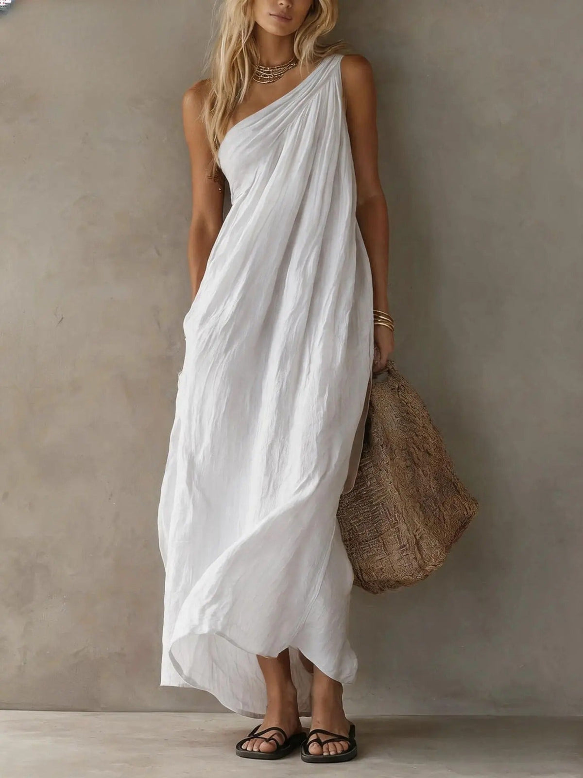 Aida Asymmetrical Maxi Dress with Linen Effect