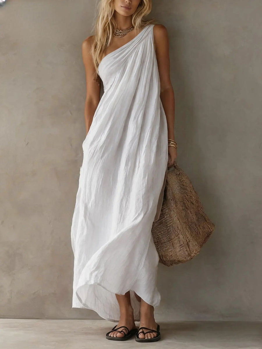 Aida Asymmetrical Maxi Dress with Linen Effect