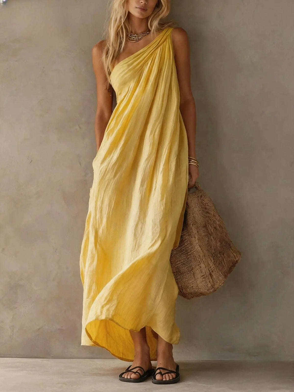 Aida Asymmetrical Maxi Dress with Linen Effect