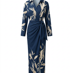 Women's Dress | Leaf Print Maxi Wrap V-Neck