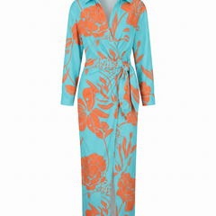 Women's Dress | Leaf Print Maxi Wrap V-Neck